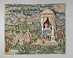 Esther and Ahasuerus, Canvas worked with silk thread; tent, Gobelin, satin, long-and-short, split, stem, knotted, straight, Ceylon, rococo, and detached buttonhole stitch variations; fringe, British
