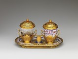 Ensemble for chocolate, Vienna, Hard-paste porcelain decorated in polychrome enamels with gold mounts; gold, lapis lazuli; glass, Austrian, Vienna