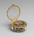 Watch, Watchmaker: Jean Rousseau (Swiss, 1606–1684), Case: rock crystal mounted in gilded brass; Dial: silver and black enamel with gilded-brass hand; Movement: gilded brass and partly blued steel, Swiss, Geneva