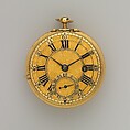 Pair-case watch, Watchmaker: Thomas Tompion (British, 1639–1713), Outer case: leather with gold studs; inner case and dial: gold with blued-steel hands; movement: gilded brass, partly blued steel, silver, British, London