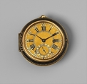 Pair-case watch, Watchmaker: Thomas Tompion (British, 1639–1713), Outer case: leather with gold studs; inner case and dial: gold with blued-steel hands; movement: gilded brass, partly blued steel, silver, British, London