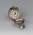 Watch in the form of a human skull, Watchmaker: Isaac Penard (Swiss, 1619–1676), Case: silver; Dial: silver, partly nielloed; Movement: gilded brass and steel, Swiss, Geneva