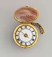 Watch, Watchmaker: Charles Bobinet (Swiss, 1610–1678), Case: agate with enameled golt mounts; Dial: white enamel with gold hand; Movement: gilded brass and partly blued steel, Swiss, Geneva