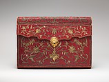 Briefcase (portefuille), Probably by Jacques Lourdière (master 1746–after 1768), Red morocco leather embroidered with gold thread and silk, fitted with gold lock, lined with green silk; gold, Turkish and French