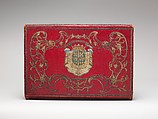 Briefcase (portefuille), Probably by Jacques Lourdière (master 1746–after 1768), Red morocco leather embroidered with gold thread and silk, fitted with gold lock, lined with green silk; gold, Turkish and French