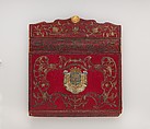 Briefcase (portefuille), Probably by Jacques Lourdière (master 1746–after 1768), Red morocco leather embroidered with gold thread and silk, fitted with gold lock, lined with green silk; gold, Turkish and French