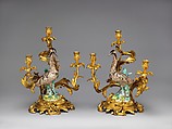 Three-light candelabra (candélabra or girandole) (one of a pair), Model for bittern attributed to Johann Joachim Kändler (German, Fischbach 1706–1775 Meissen), Hard-paste porcelain; gilt-bronze mounts, German, Meissen with French, Paris mounts