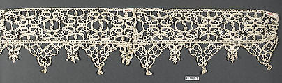 Border and fragments (3), Bobbin lace, Italian, Venice