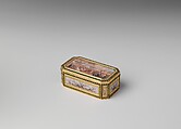 Snuffbox with theatrical scenes of a rope dancer and a puppet show, Box by Joseph Etienne Blerzy (French, active 1750–1806), Gold, enamel; vellum, French, Paris