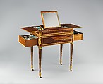 Combination table, Martin Carlin (French, near Freiburg im Breisgau ca. 1730–1785 Paris), Oak and pine veneered with tulipwood, sycamore, holly, boxwood and ebony; Carrara marble; gilt-bronze mounts; accessories of Sèvres porcelain, rock crystal, silver gilt, and lacquer, French, Paris