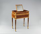 Combination table, Martin Carlin (French, near Freiburg im Breisgau ca. 1730–1785 Paris), Oak and pine veneered with tulipwood, sycamore, holly, boxwood and ebony; Carrara marble; gilt-bronze mounts; accessories of Sèvres porcelain, rock crystal, silver gilt, and lacquer, French, Paris