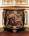 Corner cabinet (encoignure) (one of a pair), Bernard II van Risenburgh (ca. 1696–ca. 1767), Oak veneered with ebony and Coromandel lacquer, cherry wood, and purplewood; gilt-bronze mounts; brocatelle marble top, French, Paris