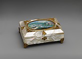 Sewing casket with view of Weilburg near Baden in Austria, Painting by Balthasar Wigand (Austrian, Vienna 1771–1846 Felixdorf), Wood veneered with mother-of-pearl; gilt-metal mounts partially enameled; gouache on paper; velvet lining; fittings of steel and mother-of-pearl, Austrian, Vienna