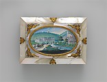 Sewing casket with view of Weilburg near Baden in Austria, Painting by Balthasar Wigand (Austrian, Vienna 1771–1846 Felixdorf), Wood veneered with mother-of-pearl; gilt-metal mounts partially enameled; gouache on paper; velvet lining; fittings of steel and mother-of-pearl, Austrian, Vienna