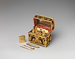 Nécessaire, Wood veneered with tortoiseshell and gold; implements of glass, ivory, and gold
, German, probably Augsburg