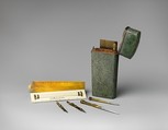 Pocket set of drawing instruments, probably Peter Dollond (1730–1820), Case: shagreen with silver mounts; Instruments: brass, steel, ivory, British, London