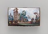 Inkwell (part of a set), Enameled copper; implements of glass, gilt copper, and enameled copper, British, possibly Birmingham