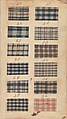 Textile sample book, Paper, cloth binding, with attached samples of fustian (variety of warp and weft combinations in wool, silk, linen, and cotton); warp: cotton dyed in dark brown, spun and Z twist/no ply, 30–32 per cm; warp: silk dyed in light blue, no visible twist/no ply, 12 per 0.1 cm; weft: silk dyed in pink, no visible twist/no ply, 28 per cm, British