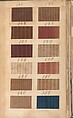 Textile sample book, Paper, cloth binding, with attached samples of fustian (variety of warp and weft combinations in wool, silk, linen, and cotton); warp: cotton dyed in dark brown, spun and Z twist/no ply, 30–32 per cm; warp: silk dyed in light blue, no visible twist/no ply, 12 per 0.1 cm; weft: silk dyed in pink, no visible twist/no ply, 28 per cm, British
