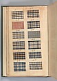 Textile sample book, Paper, cloth binding, with attached samples of fustian (variety of warp and weft combinations in wool, silk, linen, and cotton); warp: cotton dyed in dark brown, spun and Z twist/no ply, 30–32 per cm; warp: silk dyed in light blue, no visible twist/no ply, 12 per 0.1 cm; weft: silk dyed in pink, no visible twist/no ply, 28 per cm, British