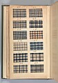 Textile sample book, Paper, cloth binding, with attached samples of fustian (variety of warp and weft combinations in wool, silk, linen, and cotton); warp: cotton dyed in dark brown, spun and Z twist/no ply, 30–32 per cm; warp: silk dyed in light blue, no visible twist/no ply, 12 per 0.1 cm; weft: silk dyed in pink, no visible twist/no ply, 28 per cm, British