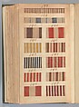 Textile sample book, Paper, cloth binding, with attached samples of fustian (variety of warp and weft combinations in wool, silk, linen, and cotton); warp: cotton dyed in dark brown, spun and Z twist/no ply, 30–32 per cm; warp: silk dyed in light blue, no visible twist/no ply, 12 per 0.1 cm; weft: silk dyed in pink, no visible twist/no ply, 28 per cm, British