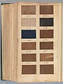 Textile sample book, Paper, cloth binding, with attached samples of fustian (variety of warp and weft combinations in wool, silk, linen, and cotton); warp: cotton dyed in dark brown, spun and Z twist/no ply, 30–32 per cm; warp: silk dyed in light blue, no visible twist/no ply, 12 per 0.1 cm; weft: silk dyed in pink, no visible twist/no ply, 28 per cm, British