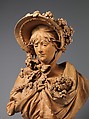 Girl in a Straw Bonnet, Albert-Ernest Carrier-Belleuse (French, Anizy-le-Château 1824–1887 Sèvres), Terracotta with wood base, French, Paris