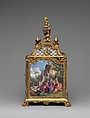 Jewel cabinet with watch, James Cox (British, ca. 1723–1800), Case: agate, mounted in gilded copper and gilded brass and set with painted enamel on copper plaques, and fruitwood; Dial: white enamel, British, London