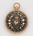 Watch, Case of gold and enamel, with butterfly and rose design, French or Swiss