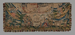 Panel from a table carpet showing the Four Continents, the Seasons, and Four Planets, Linen and silk satin, embroidered with silk and wool, passementerie of silk thread, silk-wrapped parchment, and metal, British