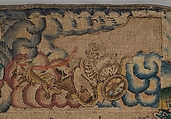 Panel from a table carpet showing the Four Continents, the Seasons, and Four Planets, Linen and silk satin, embroidered with silk and wool, passementerie of silk thread, silk-wrapped parchment, and metal, British