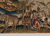 Panel from a table carpet showing the Four Continents, the Seasons, and Four Planets, Linen and silk satin, embroidered with silk and wool, passementerie of silk thread, silk-wrapped parchment, and metal, British