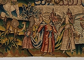 Panel from a table carpet showing the Four Continents, the Seasons, and Four Planets, Linen and silk satin, embroidered with silk and wool, passementerie of silk thread, silk-wrapped parchment, and metal, British
