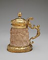 Tankard with cover, Elkington &amp; Co. (British, Birmingham, 1829–1963), Silver on base metal, fictile ivory, British, Birmingham, after German, Nuremberg original