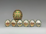 Imperial Napoleonic Egg, House of Carl Fabergé, Gold, guilloché enamel, rose-cut diamond, platinum, gold, ivory, gouache, velvet, silk, Russian, St. Petersburg