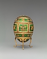 Imperial Napoleonic Egg, House of Carl Fabergé, Gold, guilloché enamel, rose-cut diamond, platinum, gold, ivory, gouache, velvet, silk, Russian, St. Petersburg