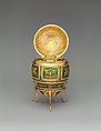 Imperial Napoleonic Egg, House of Carl Fabergé, Gold, guilloché enamel, rose-cut diamond, platinum, gold, ivory, gouache, velvet, silk, Russian, St. Petersburg