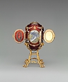 Imperial Caucasus Egg, House of Carl Fabergé, Yellow and quatre-couleur gold, silver, platinum, guilloché enamel, rose- and table-cut diamond, pearl, crystal, ivory, watercolor, Russian, St. Petersburg