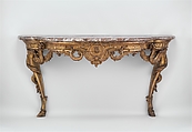 Console table, Carved and gilded oak; fleur-de-pêche marble, French