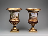 Medici vase with a scene of the château at Saint-Cloud (one of a pair), Sèvres Manufactory (French, 1740–present), Hard-paste porcelain decorated in polychrome enamels, gold, gilt bronze, French, Sèvres