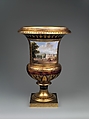 Medici vase with a scene of the château at Saint-Cloud (one of a pair), Sèvres Manufactory (French, 1740–present), Hard-paste porcelain decorated in polychrome enamels, gold, gilt bronze, French, Sèvres