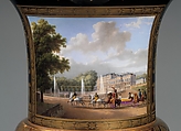 Medici vase with a scene of the château at Saint-Cloud (one of a pair), Sèvres Manufactory (French, 1740–present), Hard-paste porcelain decorated in polychrome enamels, gold, gilt bronze, French, Sèvres