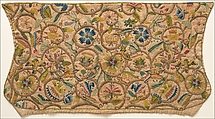 Coif, Linen embroidered with silk and silver-gilt wrapped thread and spangles, British