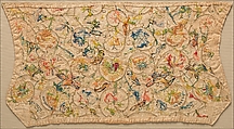 Coif, Linen embroidered with silk and silver-gilt wrapped thread and spangles, British
