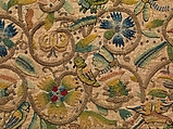 Coif, Linen embroidered with silk and silver-gilt wrapped thread and spangles, British