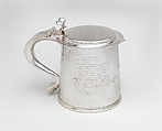 Tankard engraved with scenes of the Great Plague and the Great Fire of London, I N (British, active mid-late 17th century), Silver, British, London