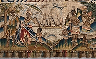 Panel from a table carpet showing the Four Continents, the Seasons, and Four Planets, Linen and silk satin, embroidered with silk and wool, passementerie of silk thread, silk-wrapped parchment, and metal, British