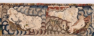Panel from a table carpet showing the Four Continents, the Seasons, and Four Planets, Linen and silk satin, embroidered with silk and wool, passementerie of silk thread, silk-wrapped parchment, and metal, British