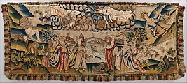 Panel from a table carpet showing the Four Continents, the Seasons, and Four Planets, Linen and silk satin, embroidered with silk and wool, passementerie of silk thread, silk-wrapped parchment, and metal, British
